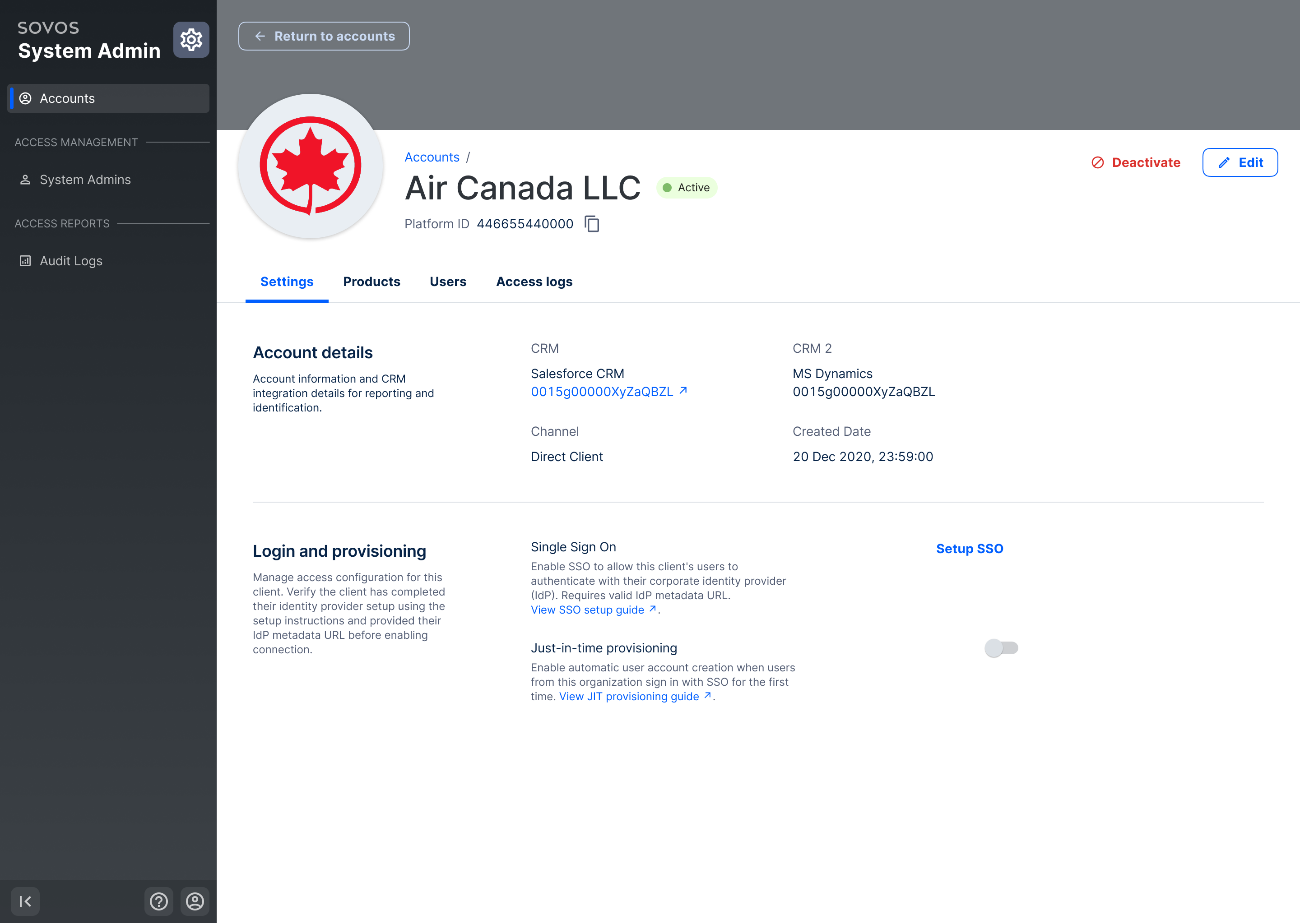 Sovos Admin Account Management